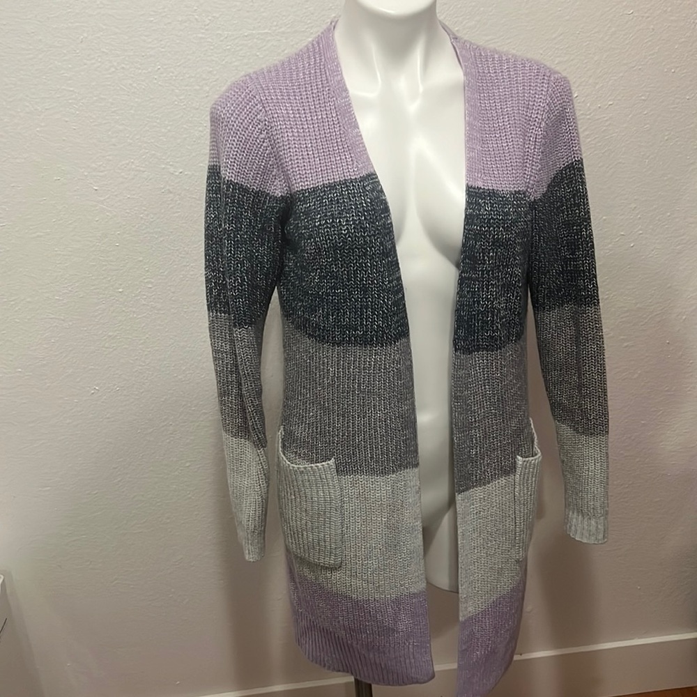 Apt 9 Warm Long Woven Purple Blue Gray Striped Cardigan Sweater Sz S